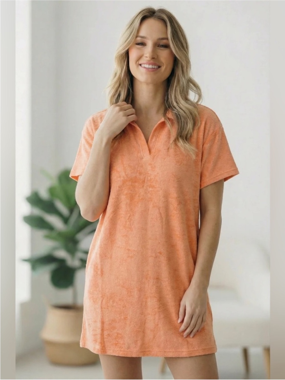 NWOT P.S. Kate Terrycloth Textured Open Collar V Neck Short Sleeve Dress